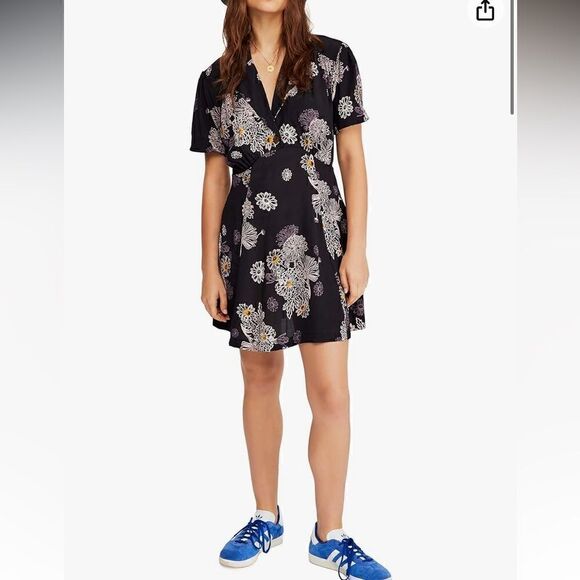 NWT Free People Floral Blue Hawaii Dress in Black - Picture 2 of 12